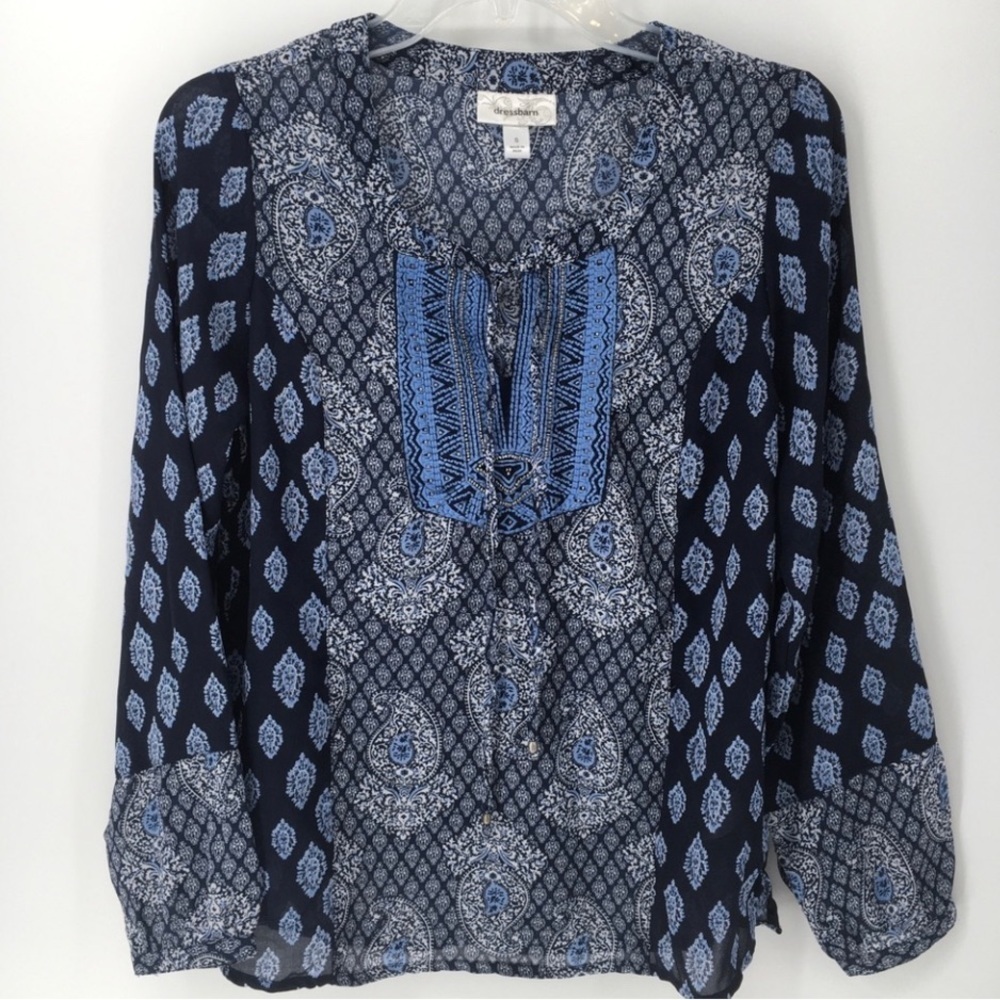 Blue Beaded Embroidered Paisley/Damask Boho V-Neck 3/4 Sleeve Tunic - Sz S